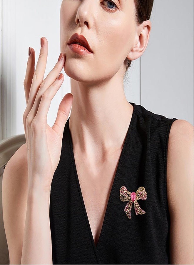 MarveBard Rhinestone Bow Brooch Pin Elegant Crystal Bowknet Brooch Lapel Pin Yellow Blue Pink Rhinestone Crystal Bow Brooch Wedding Birthday Party Christmas Jewelry for Women (Pink) - Image 2